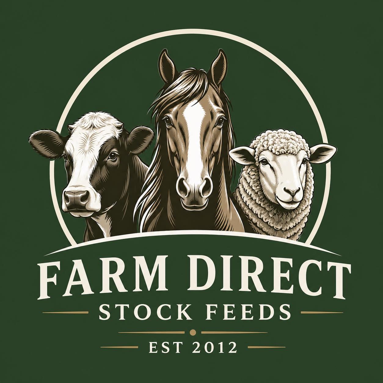 Farm Direct Stock Feeds — cow, horse and sheep crest, established 2012